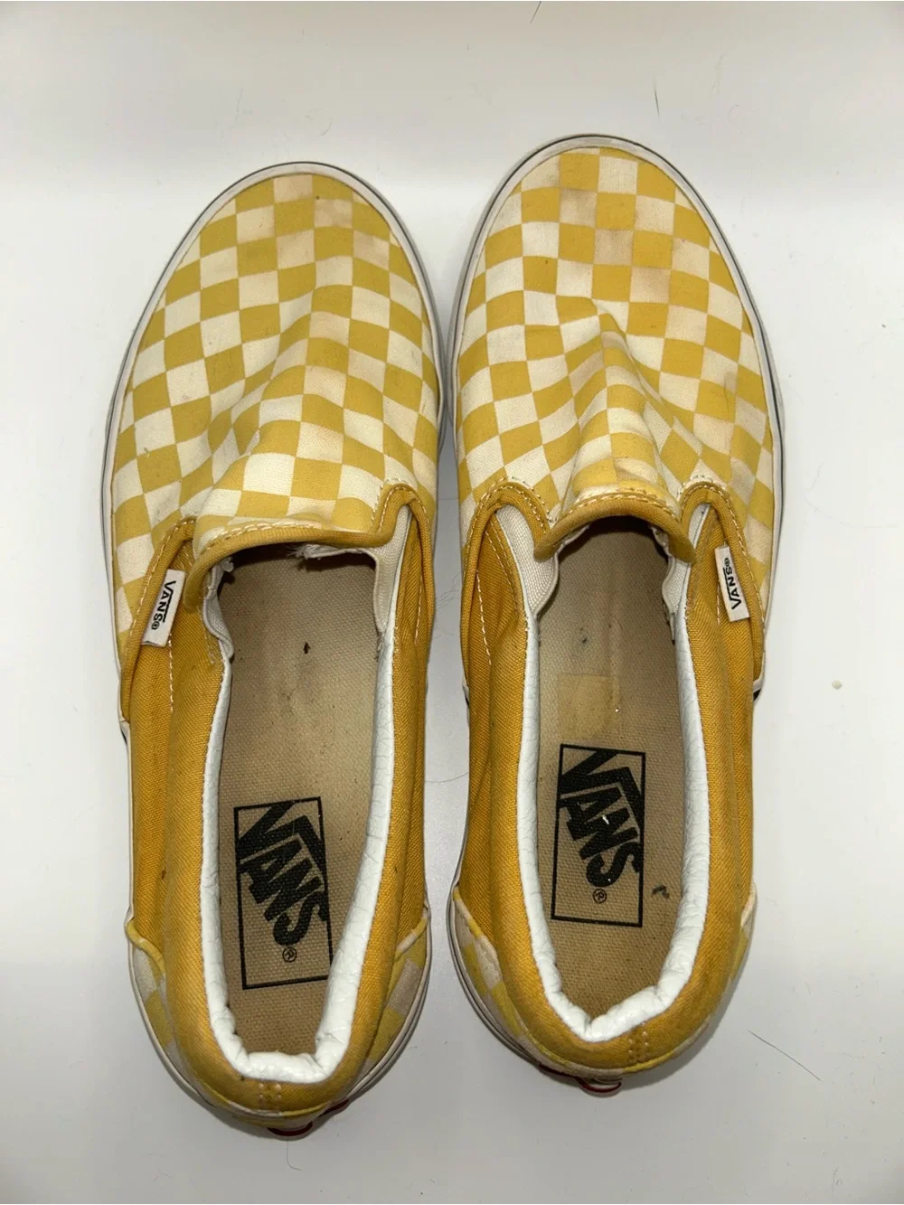 Vans yellow and white checkerboard slide ons M 9/W 10.5